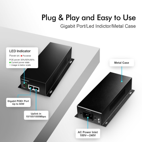 8 Port Poe+ Gigabit Power Over Ethernet Injector Ieee802.3at