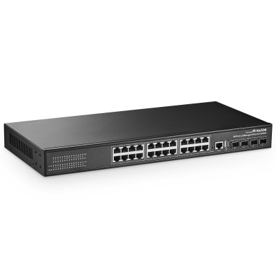MokerLink 24 Port Gigabit Managed Switch with 4 Port 10G SFP+, 24 Port GE, 4 x 10G SFP+ Uplink, 1 Console Port, 1 USB Port, L3 Smart Managed, Rackmount Fanless, DHCP QoS Vlan IGMP and Static Routing