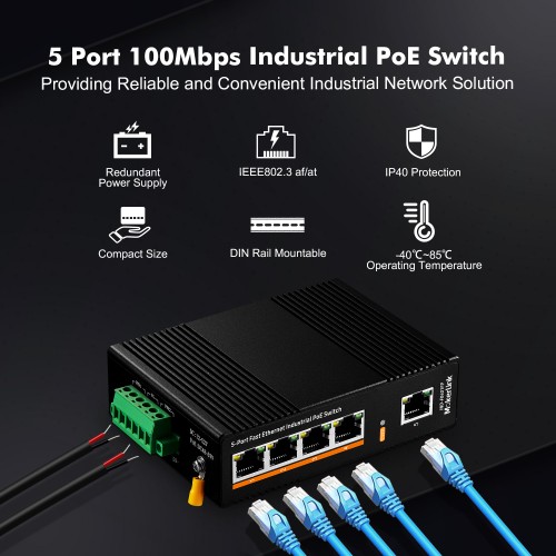 MokerLink 5 Port PoE 100Mbps Industrial DIN-Rail Ethernet Switch
