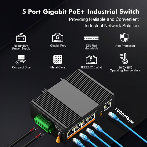 PoE-Powered Industrial Switch – 5-Port Industrial Gigabit PoE++ Powered  DIN-Rail Switch with PoE Pass-Through