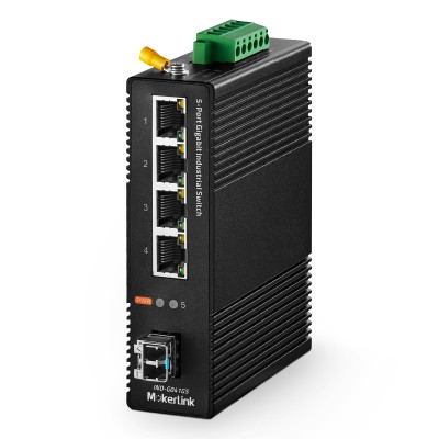 MokerLink 5 Port Gigabit Industrial DIN-Rail Network Switch, 4 Gigabit Ethernet, 1 Gigabit SFP Slot with 20KM LC Module, IP40 Rated Network Switch (-40 to 185°F), with UL Power Supply 