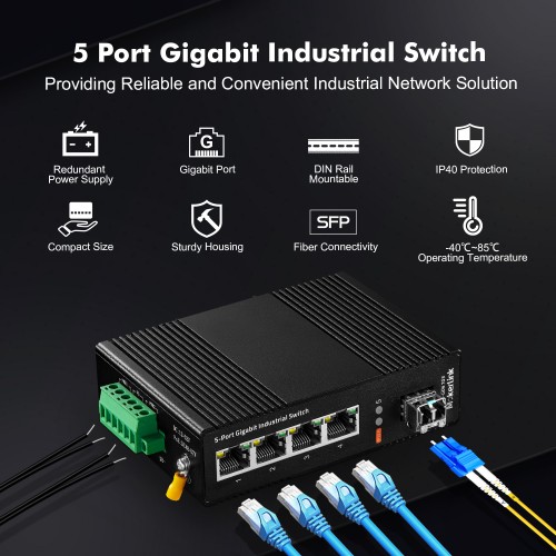 5-Port Industrial Network Switch, Gigabit, Unmanaged, DIN or Wall Mount