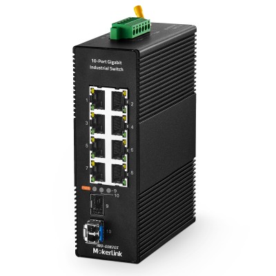 MokerLink 8 Port Gigabit Industrial DIN-Rail Ethernet Switch, 2 SFP Ports with 1 LC 20KM Module, IP40 Rated Unmanaged Network Switch (-40 to 185°F), with UL Power Supply 