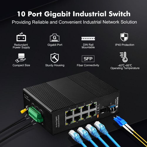 16-Port Industrial Network Switch, Gigabit, Unmanaged, DIN Mount