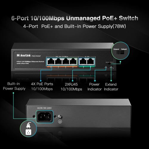 MokerLink Store - 6-Port Fast Ethernet Switch with 4-Port PoE