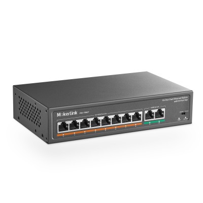 MokerLink 10-Port PoE Switch mit 8-Port PoE∙, 2-Fast Ethernet UpLink, 100Mbps, 120W 802.3af/at PoE, lüfterloser Stecker ∙ Play