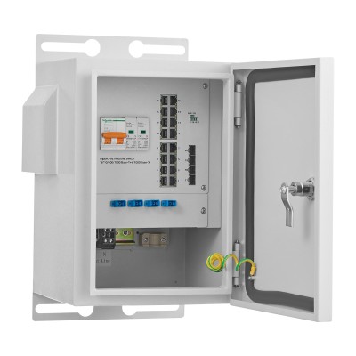 MokerLink Indoor/Outdoor Enclosure with Integrated 16 Port Gigabit PoE+, 4 Port 1000BASE SFP Ethernet Switch, IEEE802.3af/at POE 300W Power Supply, Plug and Play, Metal IP55 Case, -40 to 158°F
