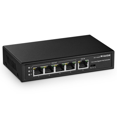 MokerLink 5 Porte Gigabit PoE Extender, IEEE 802.3af/at PoE Repeater, 100/1000Mbps, 1 PoE in 4 PoE Out Switch Pasthrough, Montaggio a Parete, PoE Extender/Injector/Network Extender 3 in 1
