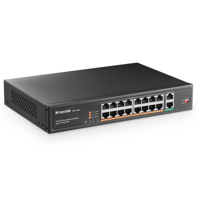 MokerLink 16-Port PoE Switch mit 2 Gigabit Uplink Ethernet Port, 250W High Power, Unterstützung IEEE802.3af/at, Rackmount Unmanaged Plug and Play