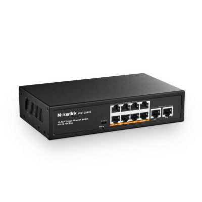 MokerLink 10-Port Gigabit PoE Switch, 8 GE PoE∙, 2 GE Uplink, 10/100/1000Mbps, 120W 802.3af/at PoE, lüfterloser Stecker ∙ Play Ethernet Switch