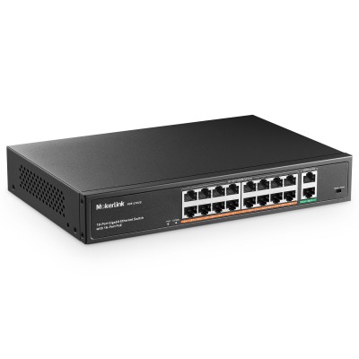 Mokerlink 18 puertos Gigabit Poe switch, 16 puertos Gigabit poe, 2 enlaces ascendentes gigabit, 250W ieee802.3af / at, soporte metálico instalado conmutador Ethernet plug - and - Play no gestionado