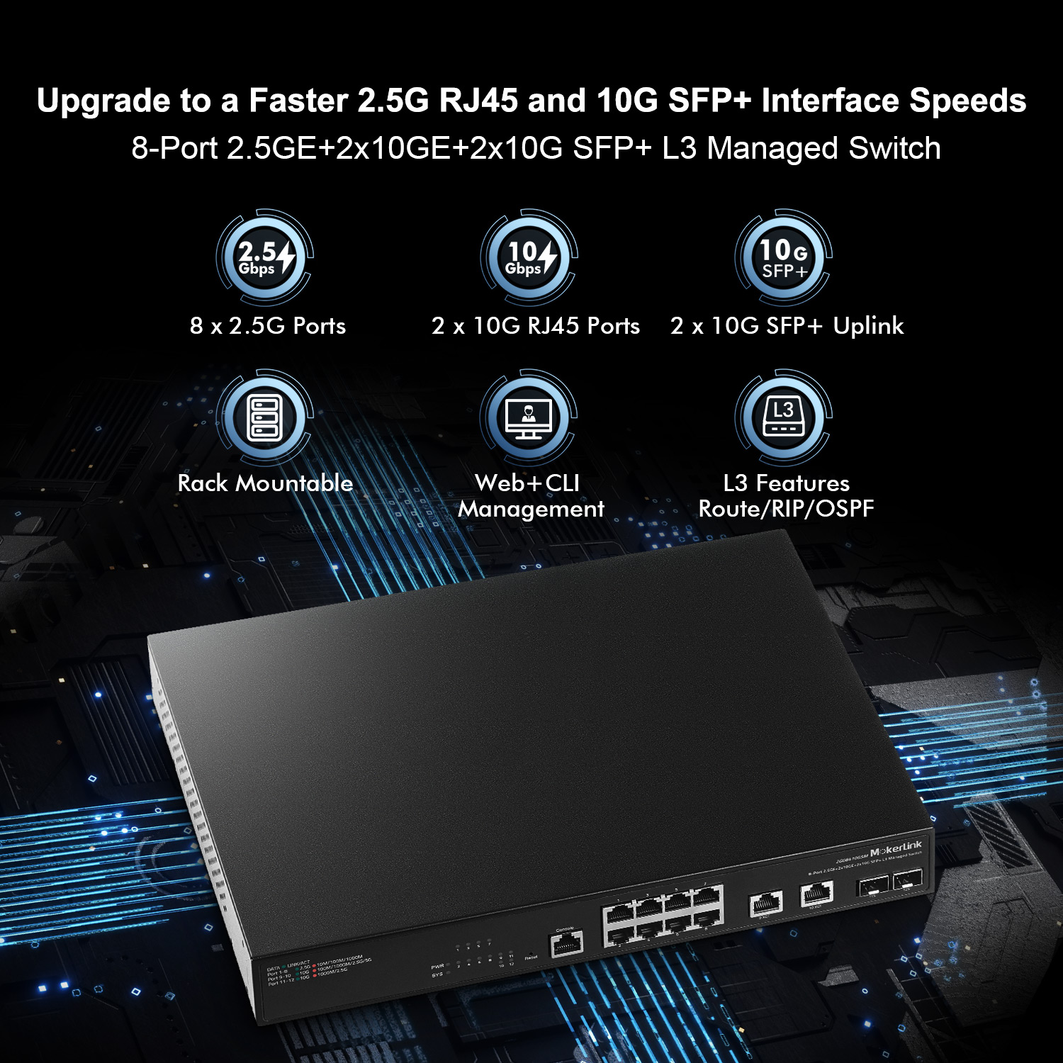 8 Port 10G Web Smart Switch, 8 x 10G RJ-45 Ports, 160Gbps Bandwidth,  Support VLAN, QoS, LACP, 10G/5G/2.5G/1000M/100M Auto-Negotiation, 10  Gigabit