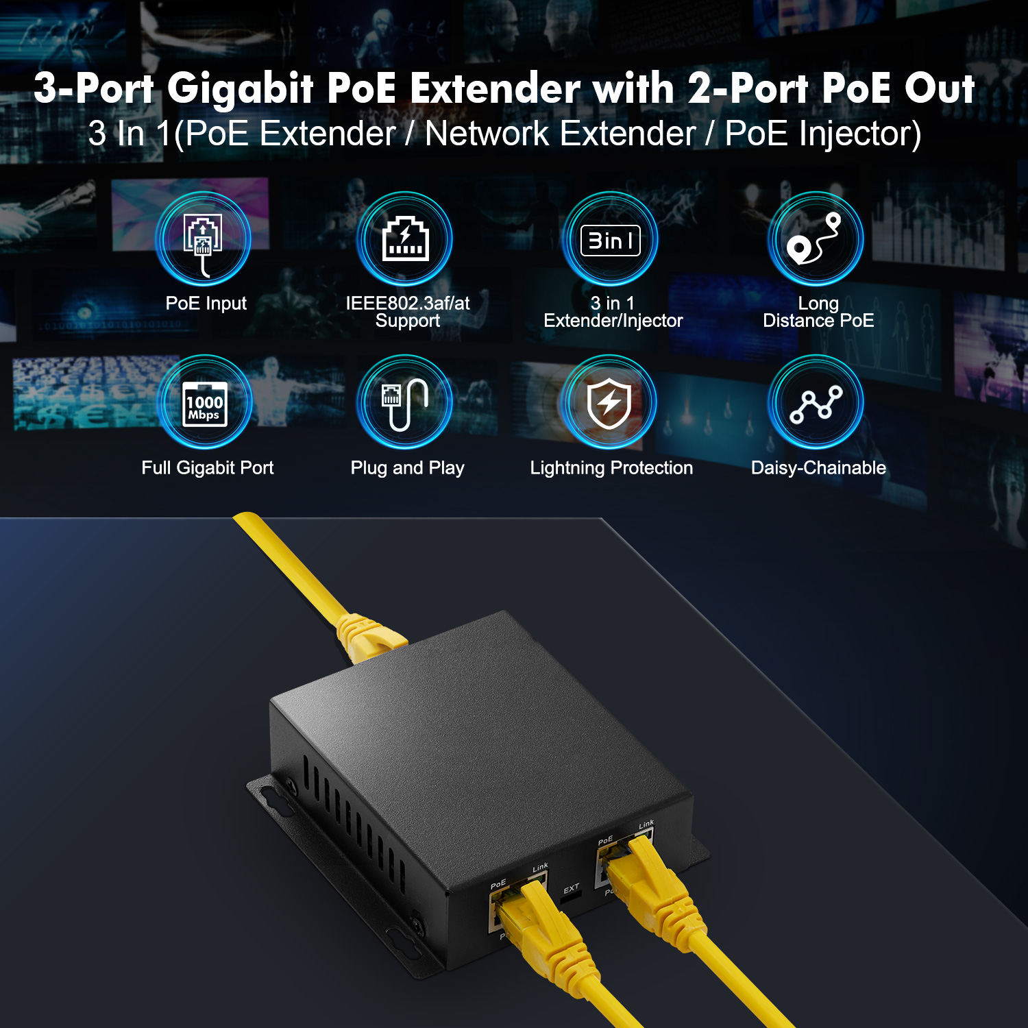 MokerLink 4 Port PoE Extender, IEEE 802.3 af/at PoE Repeater, 100Mbps, 1  PoE in 3 PoE Out, Wall & Din Rail Mount POE Passthrough Switch